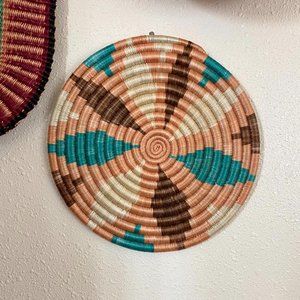 Handwoven Round Serveware Basket - Turquoise, Tan & Brown